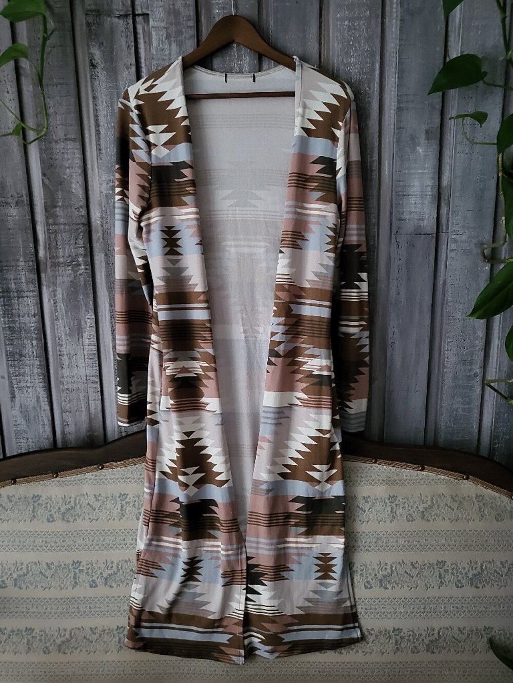 Aztec Geometric Long Duster Cardigan Pockets Western Small